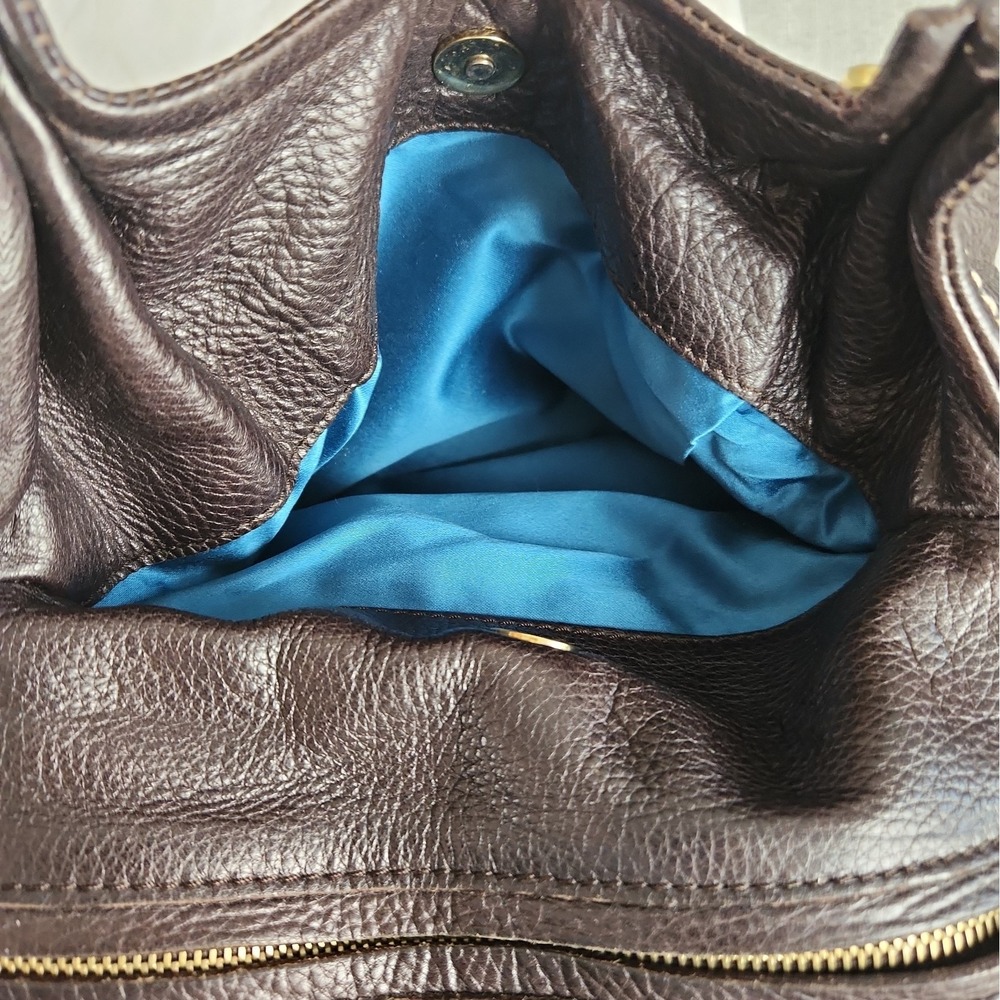 Vintage MOSCHINO Large Brown Pebbled Leather Dual Handle Bag Teal Lining 18" Y2K - Picture 10 of 12